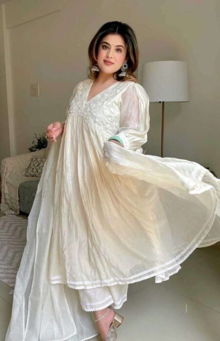 Women's Chanderi Silk Embroidered Anarkali Kurti With Pant and Dupatta