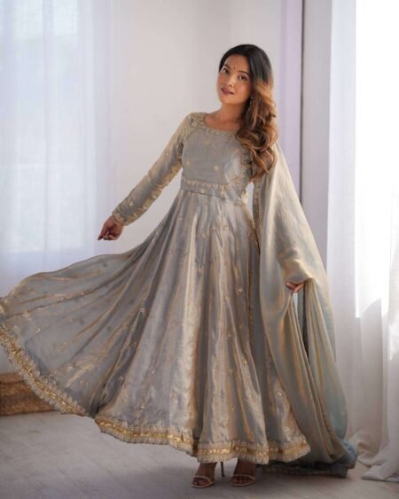 Women's Fandy Silk Coding with Sequnce work Long Anarkali Kurti Gown With Dupatta